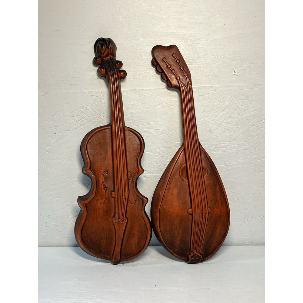 VINTAGE Retro decor ROYAL" CAST METAL VIOLIN & MANDOLIN WALL HANGING 18" ORANGE
